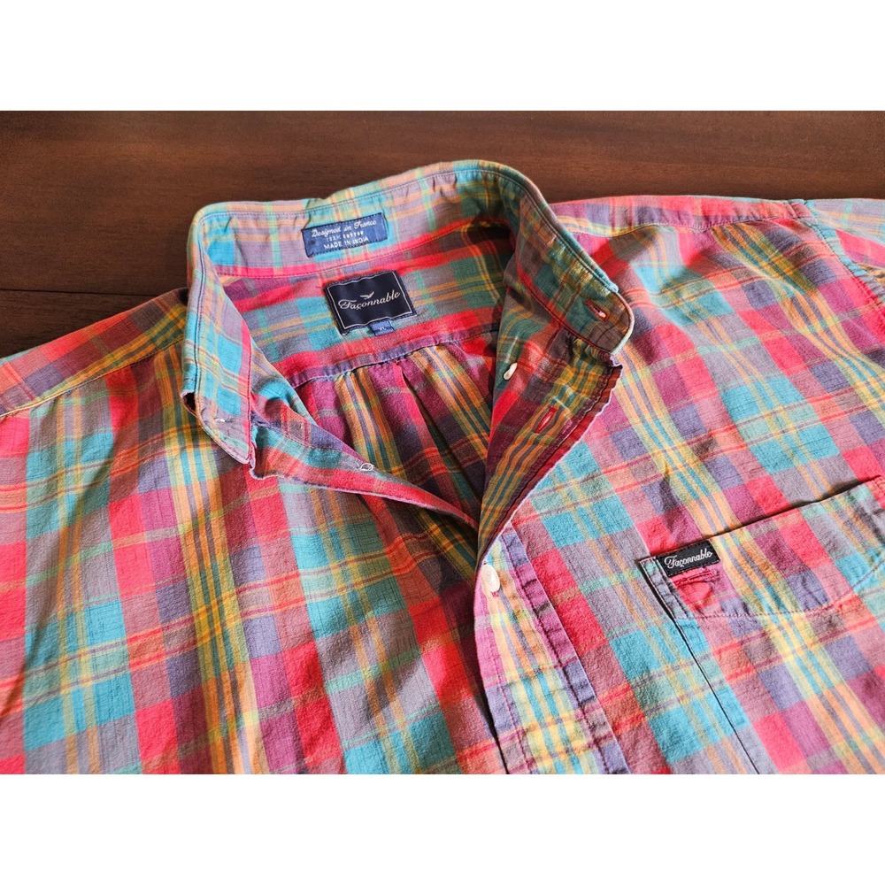 Faconnable Button Down Shirt Mens XL Multi Color Plaid Long Sleeve Cotton